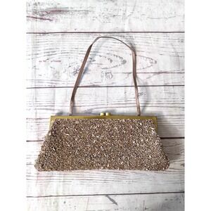 Vintage SANTI Handcrafted Evening Bag Kiss Lock Pearl Beige Sequins & Beads